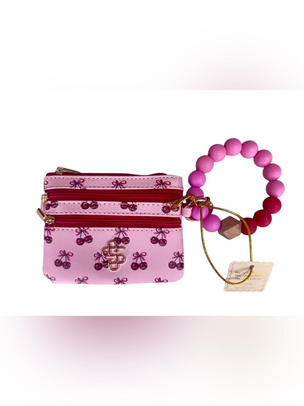 Cherry Print Triple-Zip Coin Purse Wallet Wristlet Pink Glitter Cherry Keychain - Picture 3 of 4